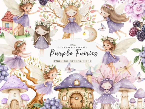 Download Watercolor Magical Garden Purple Fairies - Premium Bundle