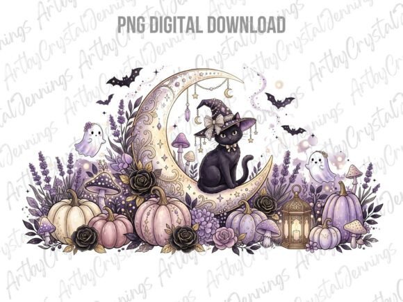 Download Purple Witch Cat Moon Halloween PNG - Premium Resources